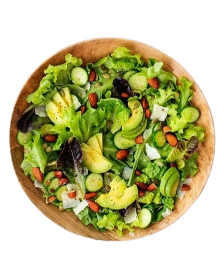 Fresh garden salad with lettuce, avocado, cucumber, almonds, and mixed greens at Punjabi Zaaika restaurant.
